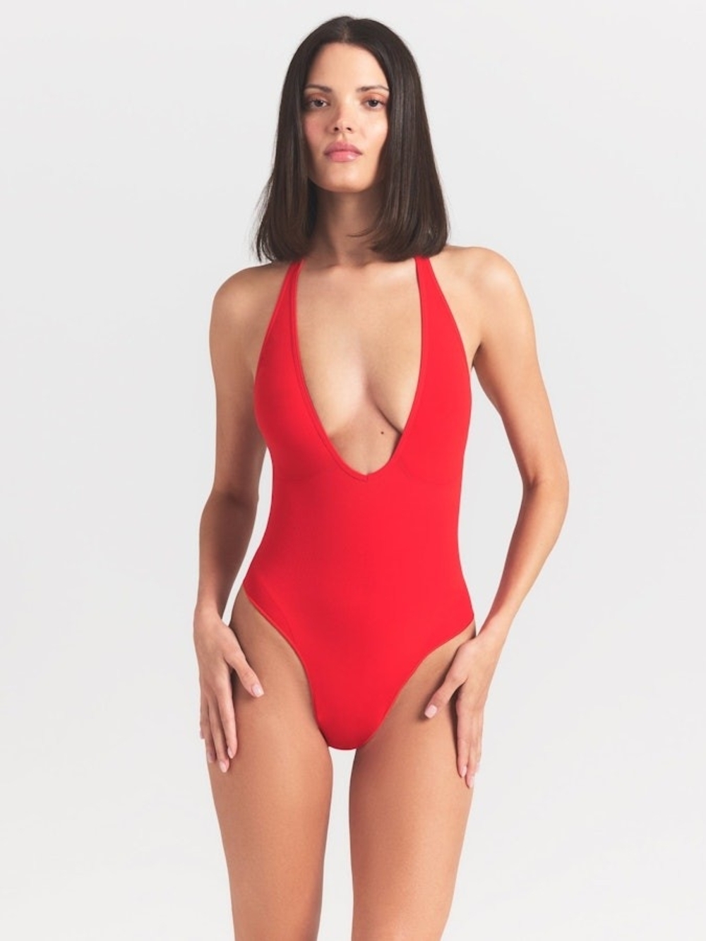 NWOT SKIMS Seamless Sculpt Deep Plunge Halter Bodysuit Red Ruby Small